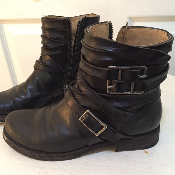 Frye Women’s Veronica Strappy Black Leather Moto Boot Size US 7.5 - Picture 4 of 16